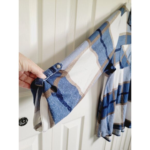 New York Laundry 3X Plaid Soft‎ V-Neck Roll Tab Sleeve Tunic Top Blue Gold - Picture 6 of 9
